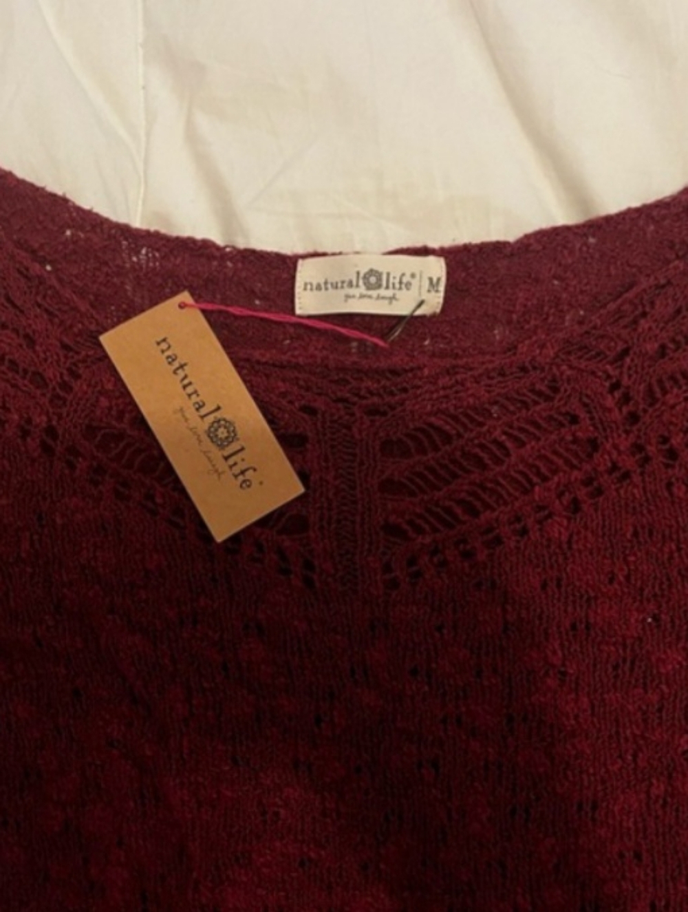 NATURAL LIFE Burgundy Crochet Scoop Neck Sweater. Size L - Picture 5 of 5